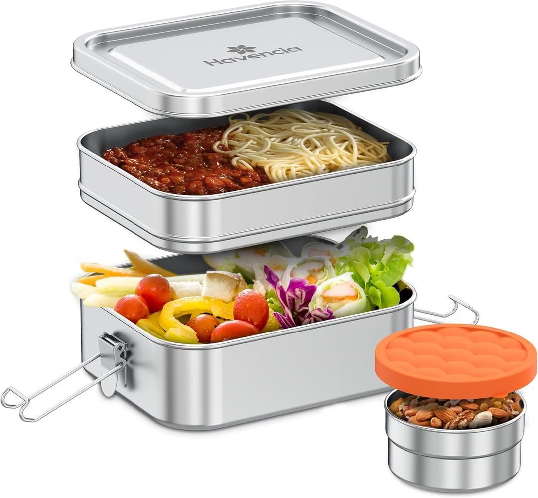 Stackable Stainless Steel Bento Box with Snack Container, 47oz/1400ml - Stainless Steel Lunch Box, Metal Bento Box for Kids & Adults, Eco-Friendly with Compartments for School, Work & Travel