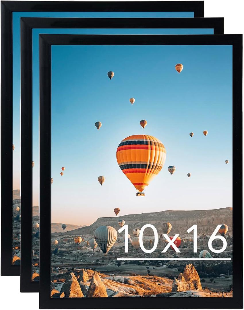 10x16 Black Picture Frame Set of 3, Horizontal and Vertical Formats for Wall Hanging, 10 x 16 Wall Gallery Poster Photo Frames with Shatter Resistant Plexiglass, 3 Pack, Black