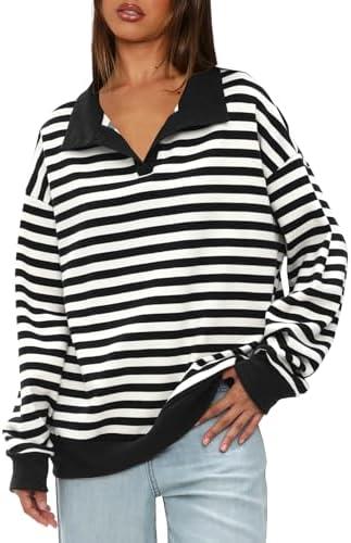 Darong Womens Oversized Contrast Striped Long Sleeve Collared Sweatshirts Casual Cotton Pullover Sweatshirt Fall Cloth XL