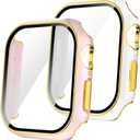 2Pack Compatible with Apple Watch Case Series 11/10 built in Tempered Glass Screen Protector, Anti-Scratch Cover for iWatch (pink&white with gold edge, for series 11/10 46mm)