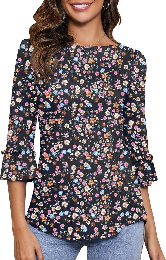 Kistore Womens Tops Dressy Casual 3/4 Length Bell Sleeve Shirts Boat Neck Tunic Blouses (Small Floral)