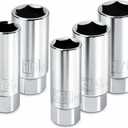 Powerbuilt 3/8-Inch Drive Spark Plug Socket Set, 6 Point, Deep Thin Wall, 5 Piece Metric and SAE - 640855, Grey
