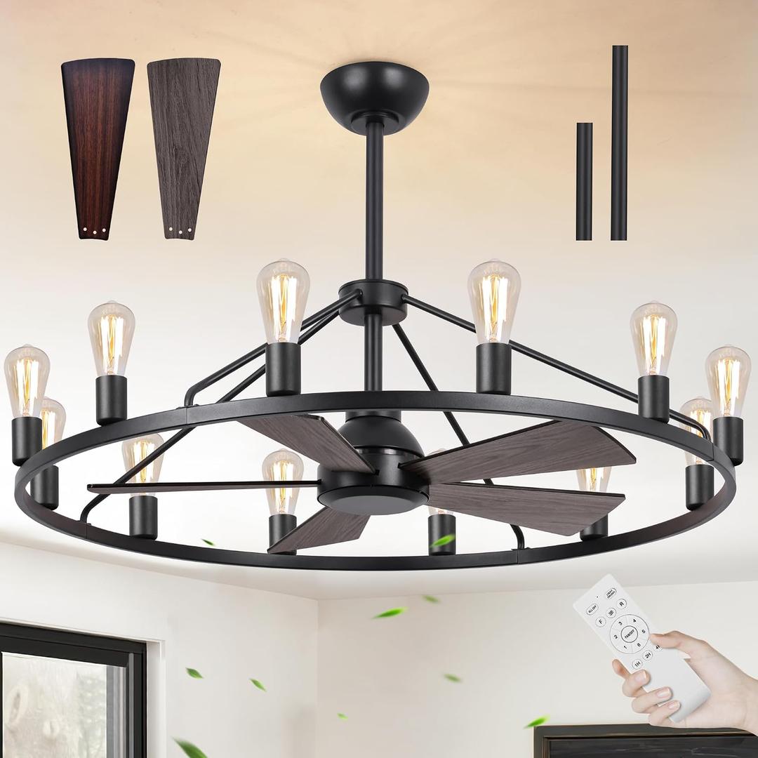 She's home 43" Black Wagon Wheel Chandelier Fan with Light, 12-Lights Large Round Candle Farmhouse Fandelier Ceiling Fan with Light Fixture for Living Room, Dining Room, Height Adjustable, 43in