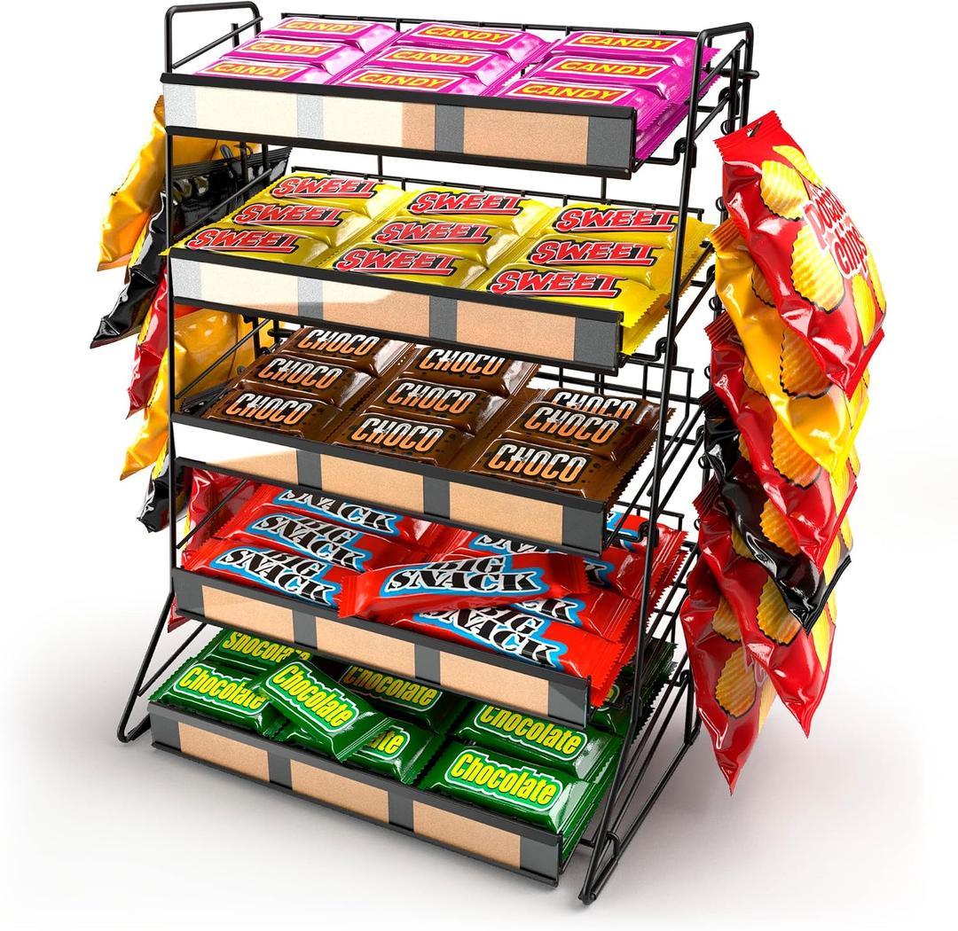 DS THE DISPLAY STORE 5 Tier Candy Display Rack, Large Snack Organizer For Countertop, Home Theatre Portable Concession Stand Snack Display, Black Metal Shelf With 12 Clips