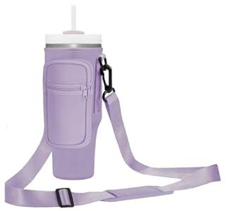 Momocici Cup Holder Carrier Bag with Strap and Pouch for Stanley Quencher 40oz Tumbler. Cup Crossbody Holder Bag Compatible with Stanley Cup for Hiking Travelling Camping.(Lavender)