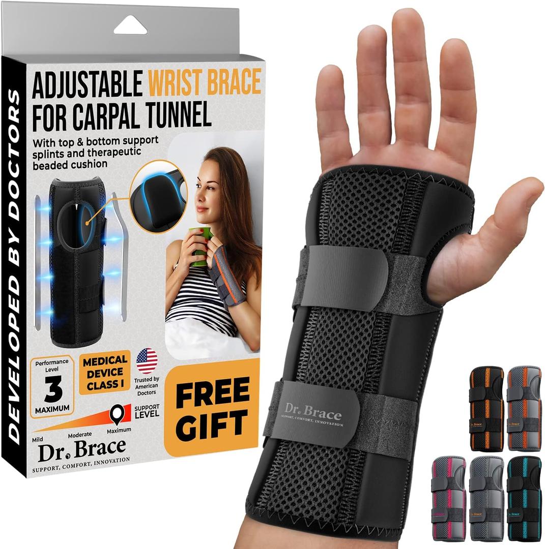 DR. BRACE Adjustable Wrist Brace Night Support for Carpal Tunnel, Doctor Developed, Upgraded with Double Splint & Therapeutic Cushion,Hand Brace for Pain Relief,Injuries,Sprains (S/M Right Hand, Black)
