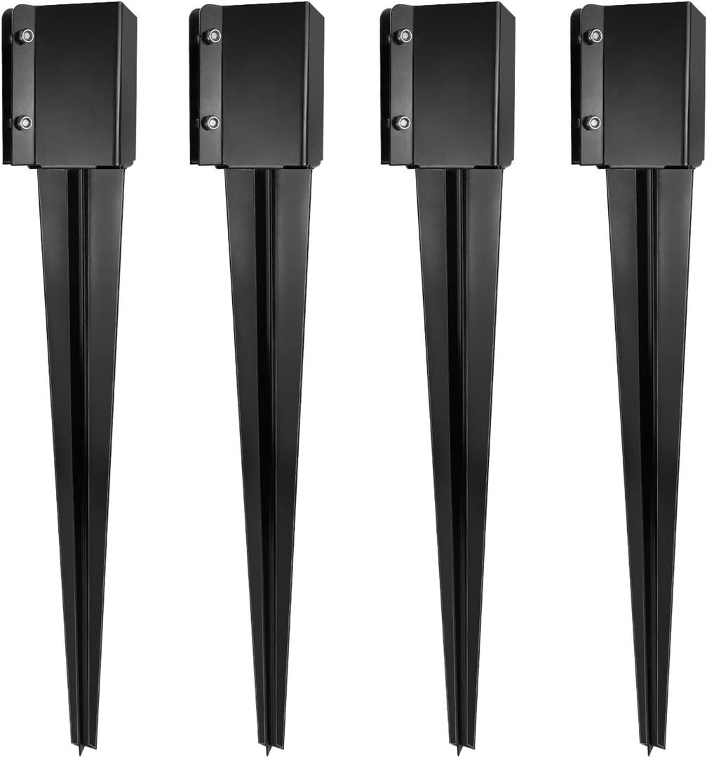 24 inch Fence Post Anchor Ground Spike Heavy Duty Metal Black Powder Coated Fence Stakes Post Base, 4x4 Inch (Inner Size 3.6"x3.6"), Pack of 4