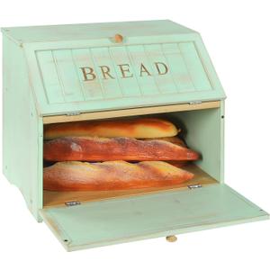 HOMEKOKO Double Layer Large Bread Box for Kitchen Counter, Retro Design Wooden Large Capacity Bread Storage Bin (Mint Green)