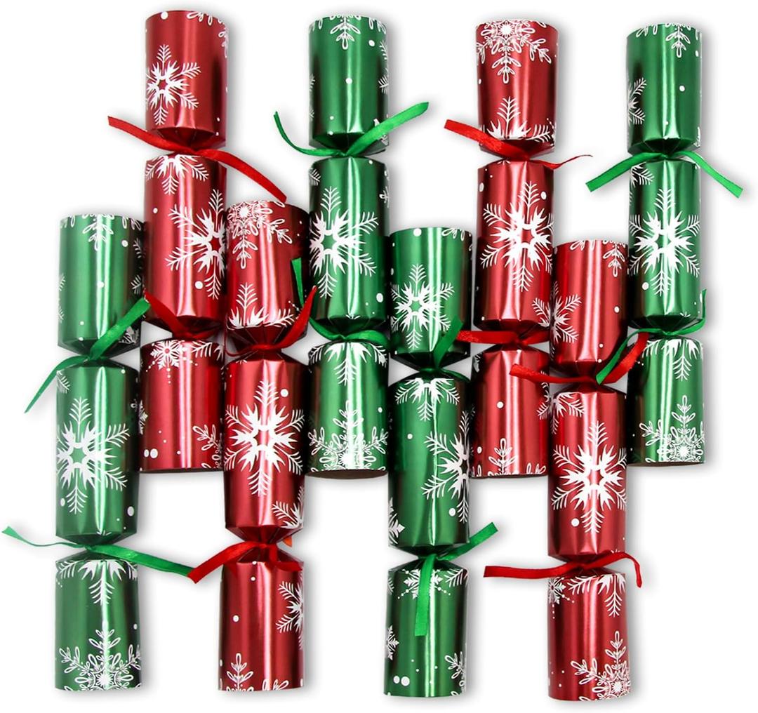 8 Pack Christmas Party Table Favor Non-Snap Crackers Red Green Snowflake Design, with Party Hat, Joke & Little Gift Inside, Xmas Gift, Christmas Seasonal Holiday Dinner Traditions