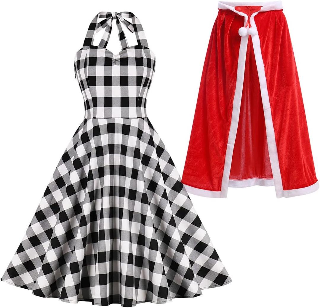 Christmas Dress for Kids Girls Women Plaid Party Dress&Velvet Cape Mommy and Me Matching Xmas Fancy Dress up (Small (Adult), Black(adult))