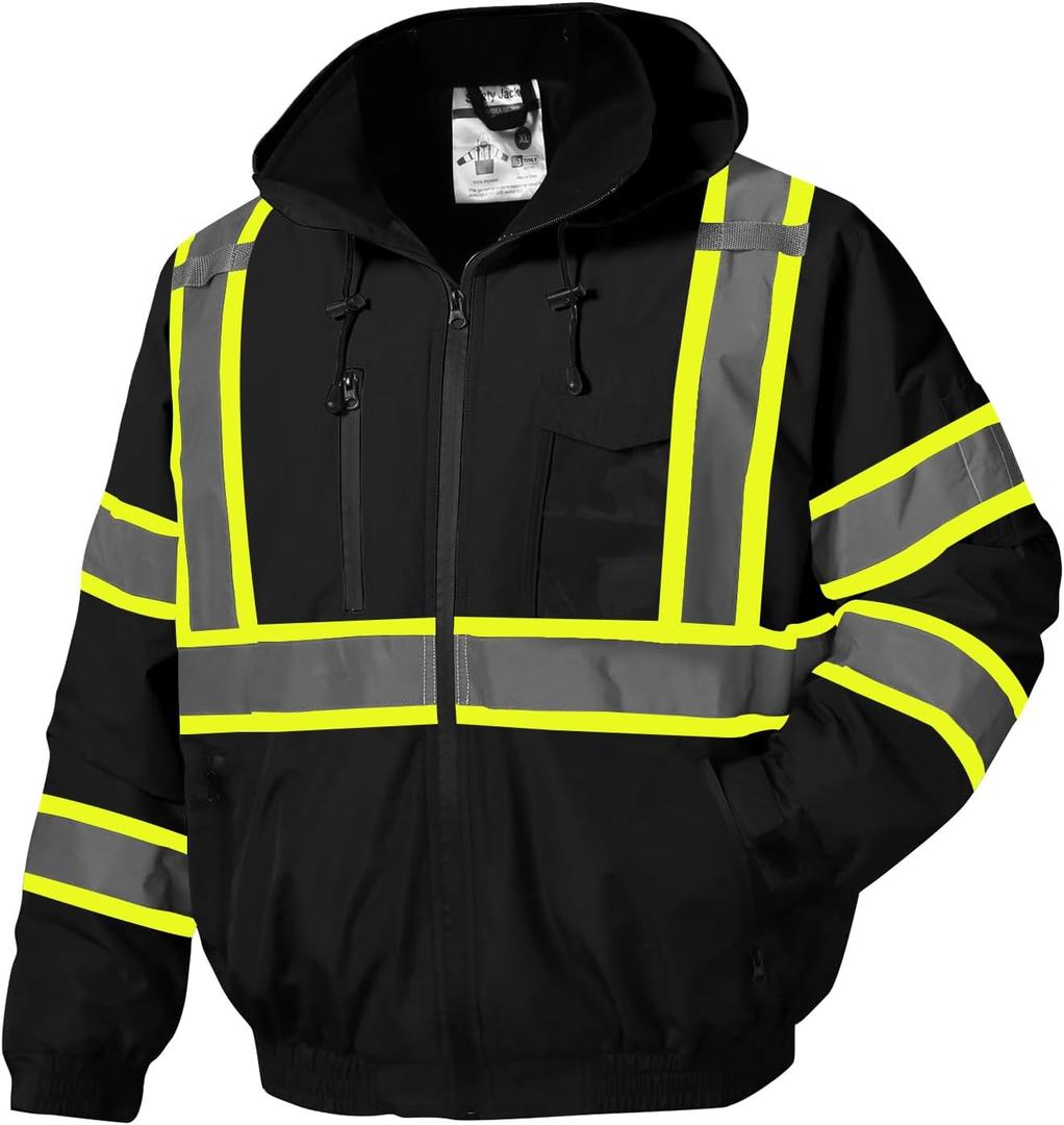 SKSAFETY High Visibility Reflective Jackets for Men, Waterproof Class 3 Safety Jacket with Pockets, Hi Vis Black Coats with Black Bottom, Mens Work Construction Coats for Cold Weather, 3XL,Black