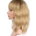 Ombre Blonde Wigs with Bangs Blond Wig for Women 14Inch Short Wavy Wigs Shoulder Length Hair for Girl Natural Looking Synthetic Heat Resistant Fiber Hair for Daily Party Halloween Use