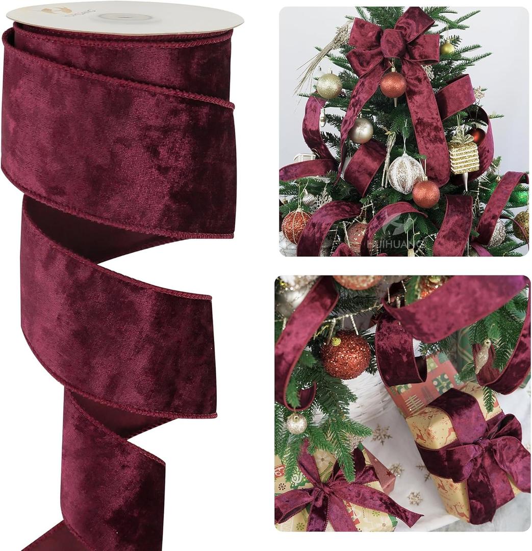 HUIHUANG Burgundy Velvet Ribbon Wired 2-1/2 inch, Christmas Velvet Ribbon for X-mas Tree, Large Bows, Wreaths, Gift Wrapping, Garland, Home Decor, Crafts-Continuous 10 Yards/Roll