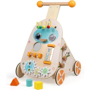 Wooden Baby Walker, Adjustable Speed Push And Pull Learning Activity Walker, Toddler Push Walker Activity Center Toys With 7 Educational Activities For Boys Girls 1 2 3 Year Old