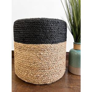 S & L Homes Pouf Ottoman - 100% Jute Braided Hand Knitted Traditional Cord Boho Pouffe for Living Room, Bedroom, Nursery, Patio, Lounge Colorblock - Natural Black (16x16x16)