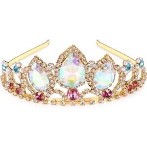 Rapunzel Tiara Princess Crown and Necklace Tangled Inspired Halloween Costume Aurora Borealis Stone Sparkle Gold Crown Sweet Gift for Birthday (Ab)