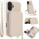 Phone Case for iPhone 16 Plus 6.7 inch Wallet Cell Cover with Tempered Glass Screen Protector Crossbody Strap Lanyard RFID Blocking Credit Card Holder i Phone16 16+ i16 + 16Plus Women Men Girls Beige