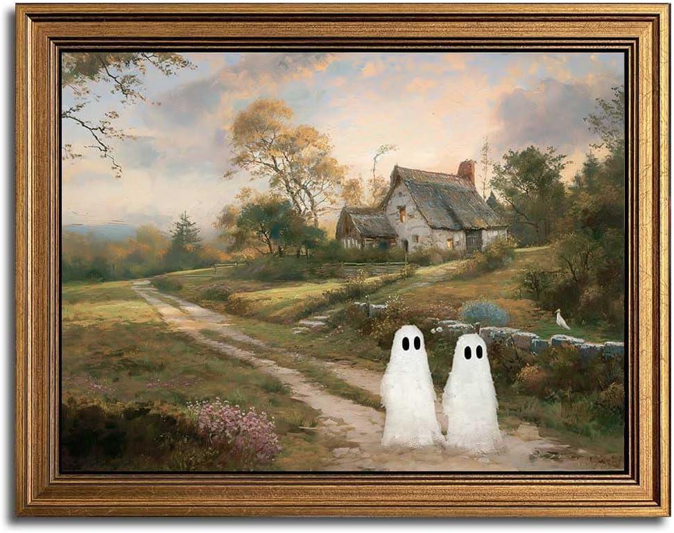 Gold Framed Vintage Halloween Wall Art, Rustic Landscape Wall Decor, Cute Ghost Decor Wall Art, Aesthetic Halloween Wall Decor (9.5''x12'')