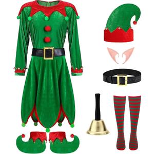 7 Pcs Women Christmas Elf Costume Set Santa's Helper Velvet Dress Xmas Outfit Elf Ears Hat Shoes Belt Socks Bell (Medium, Green)