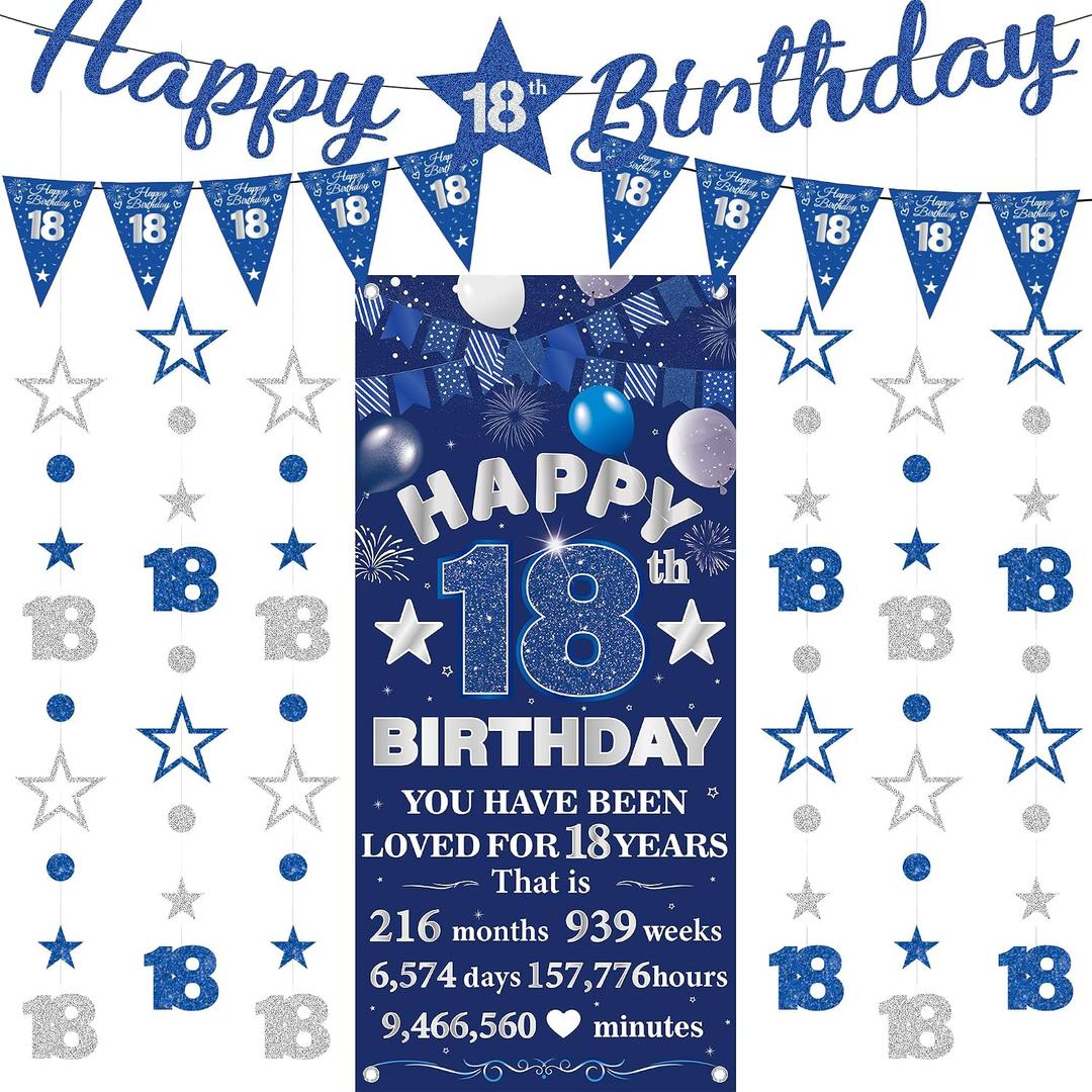 18th Birthday Decorations Banner Boys - 9 Pcs Blue Silver Happy 18th Bday