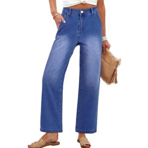 ANRABESS Womens Jeans High Waist Straight Leg Stretchy Ankle Length Denim Pants with Pockets Dark Blue Small (Blue, S)