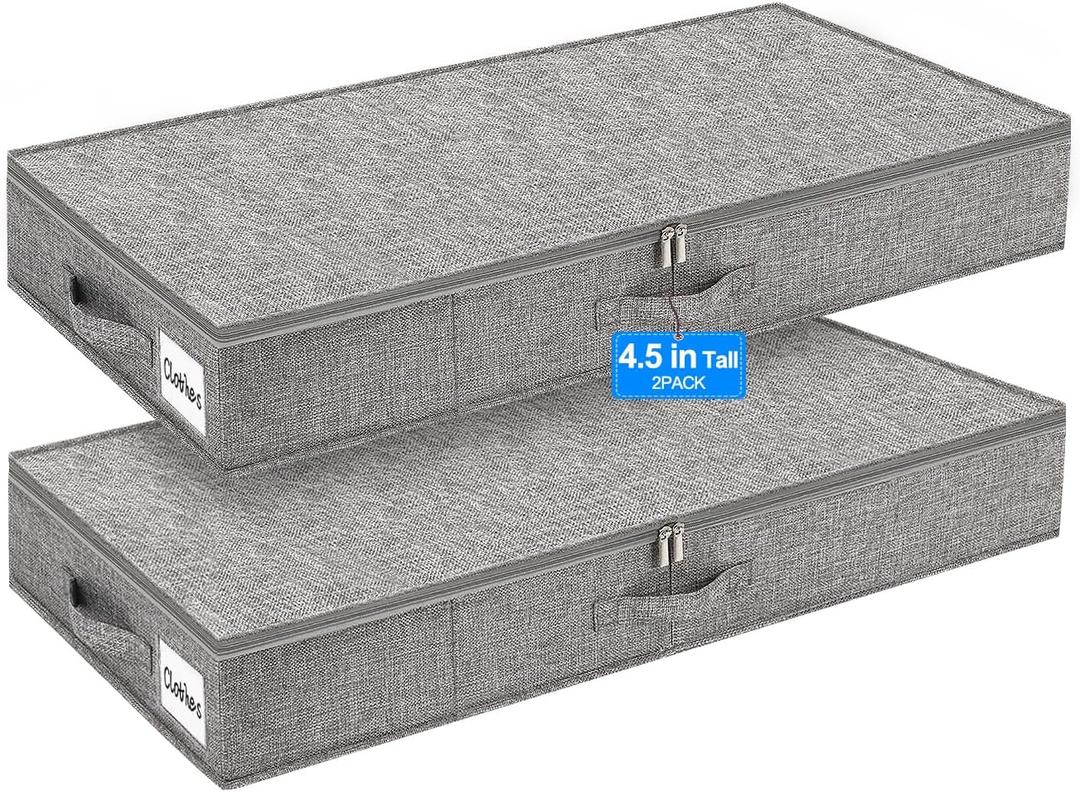 Punemi Under Bed Storage Containers, 2 Pack 4.5 Inch Tall Low Profile Underbed Clothes Storage Organizer Bin with Sturdy Side & Bottom Support, Use as Clothes Organizer, Pillow and Blanket Organizer