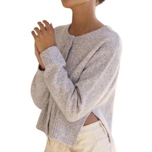 Womens Crop Cardigan Sweaters Long Sleeve Side Split Cardigan Knitwear Trendy Button Down Knit Cardigan (Medium, Light Grey)