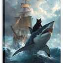 Cartoon Cute Black Cat Wall Art Retro Black Cat Vs Shark Wall Decor Funny Quirky Cat Print Poster Renaissance Animal Canva Painting Picturefor Room Bedroom Living Room Bathroom Framed