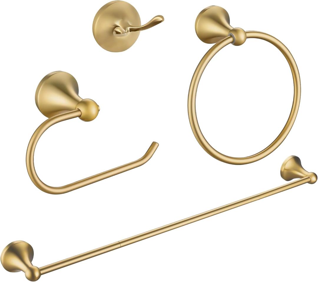 Brushed Gold Bathroom Hardware Set Wall Mounted Gold Accessories Set 4 Pieces Bathroom Hardware Set, 23.6 inch Towel Bar | Towel Hook | Toilet Paper Holder | Hand Towel Holder