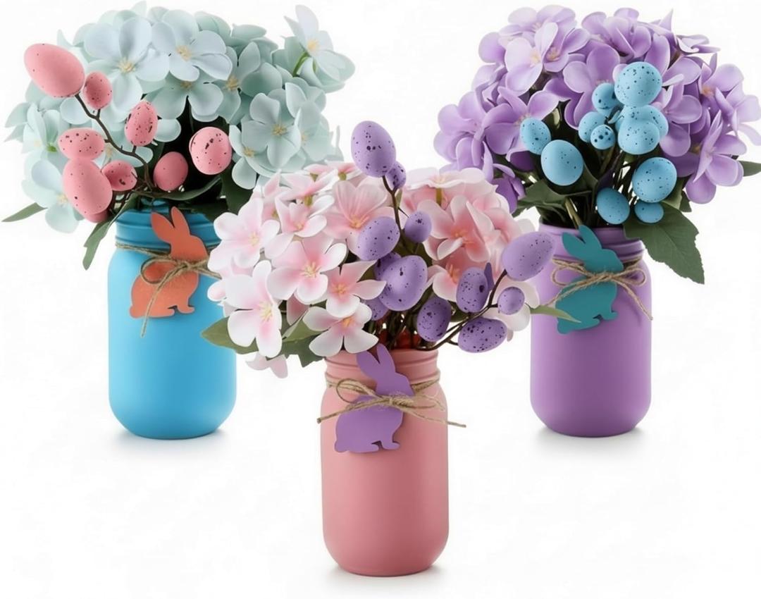 Roowest 3 Pcs Easter Centerpieces for Tables Easter Mason Jars with Flowers Spring Table Decor 2.6 x 5.1 Inch Bunny Egg Mason Jars with Bunny Tags for Spring Home Centerpiece Dinning Table Decor