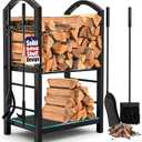 AMAGABELI GARDEN & HOME Firewood Rack Indoor with Tools 5-Piece Fireplace Tools Set Wood Holder Outdoor Wrought Iron Log Holder Firewood Storage Rack for Fireplace,Fire Pit,Wood Stove Black