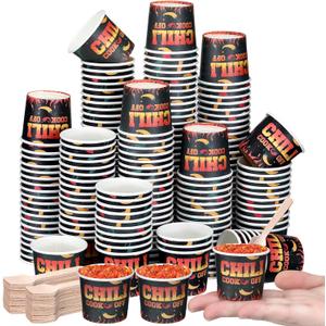 Teenyyou 400 Pcs Chili Cook off Party Decorations, 200 Pcs 2 oz Mini Chili Cookoff Paper Cups and 200 Wooden Spoons Pepper Cook off Parties Decorations for Competition Prize Party Cooking Supplies (Black)