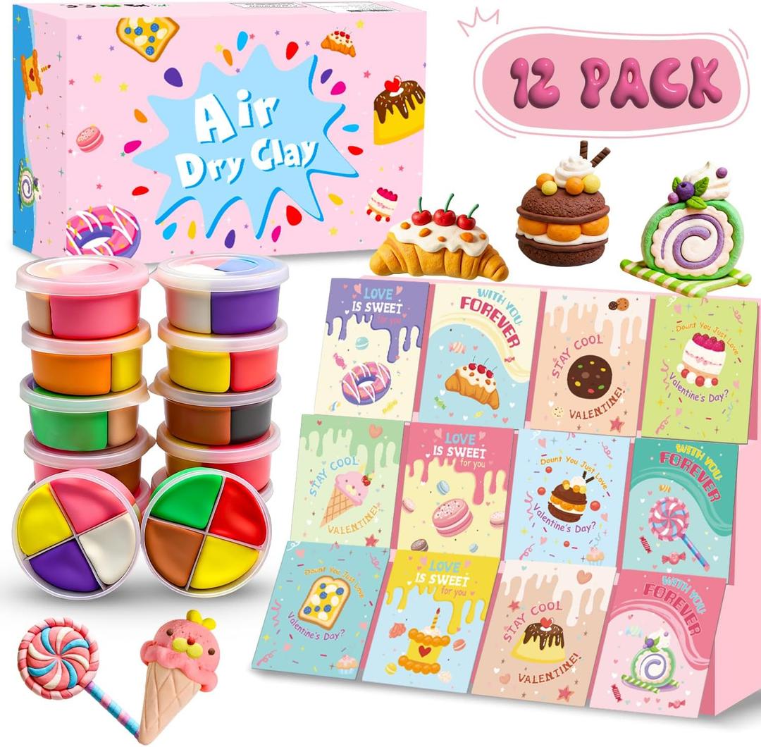 Air Dry Clay Kit with Greeting Cards, 12 Box Dessert Cake Modeling Clay, DIY Art and Craft Supplies for Kids Classroom Gift Exchange, Party Favors