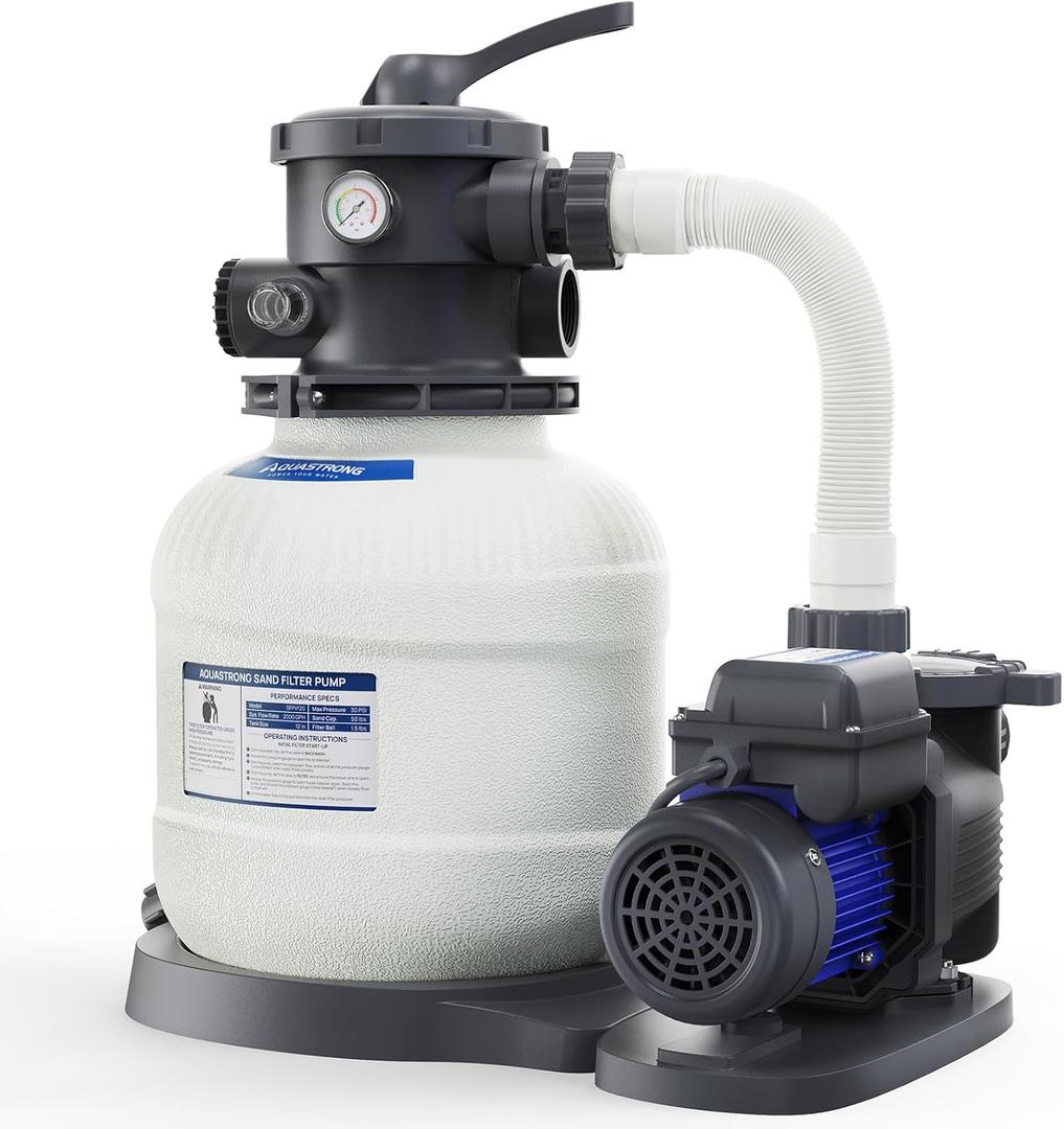 AQUASTRONG Sand Filter Pump for Above Ground Pool with Timer, 3/4 HP Pool Pumps Above Ground 3800 GPH for Pools up to 14000 GAL, 12in Pool Filter with 6-Way Valve, Improved Circulation and Filtration