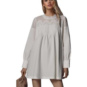 MISSACTIVER Floral Crochet Mini Dress for Women Sheer Lace Mesh Crew Neck Long Sleeve Pleated A Line Shirt Dresses (White, L)