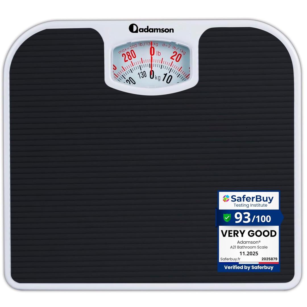 Adamson A21 Analog Scales for Body Weight - Up to 300 LB - New - Anti-Skid Rubber Surface + Large Numbers - Analog Bathroom Scale - Affordable - Durable with 20-Year Assurance - Black