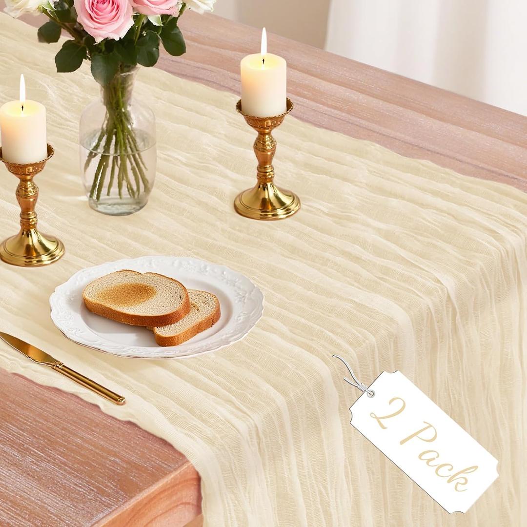 2 Pack Beige Cheesecloth Table Runner, 10Ft Boho Gauze Cheese Cloth Table Runners for Wedding, Party, Dinner, Baby Shower, 120 Inches Long Table Runner for Valentine's Day, Easter, Mother's Day Decor