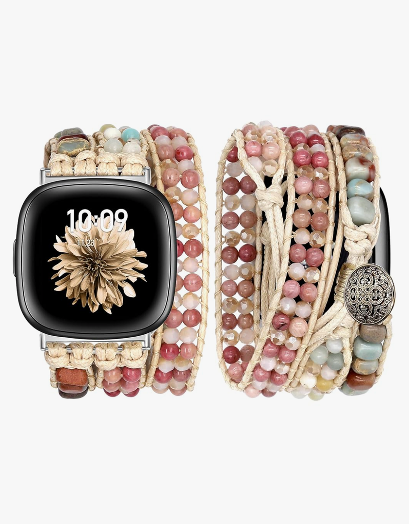 JR.DM Boho Beaded Band Women for Fitbit Versa 4/Versa 3/Sense 2/Sense Bands Natural Stone Bracelet Adjustable Handmade Braided Strap Smartwatch Replacement Wristband