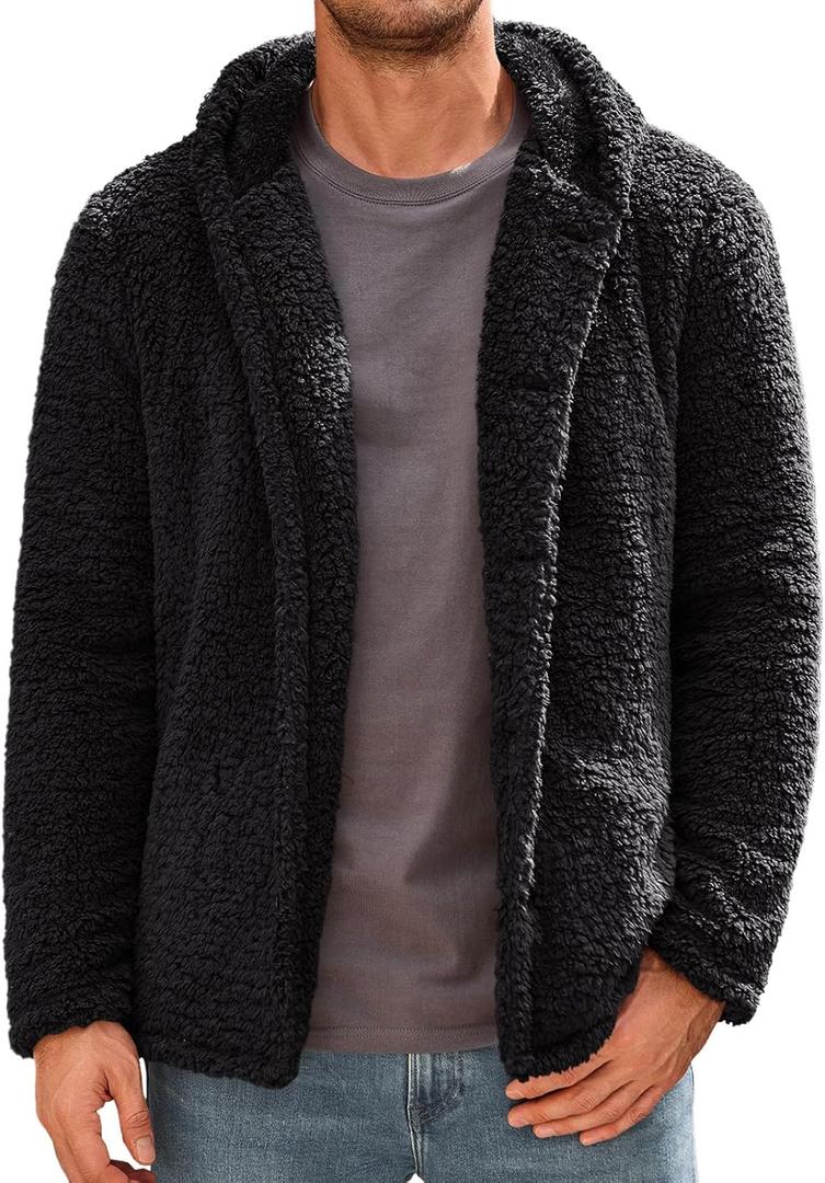 Runcati Mens Fuzzy Sherpa Hoodie Long Sleeve Button Down Fleece Jackets Casual Winter Hooded Sweatshirt (XX-Large, Black)