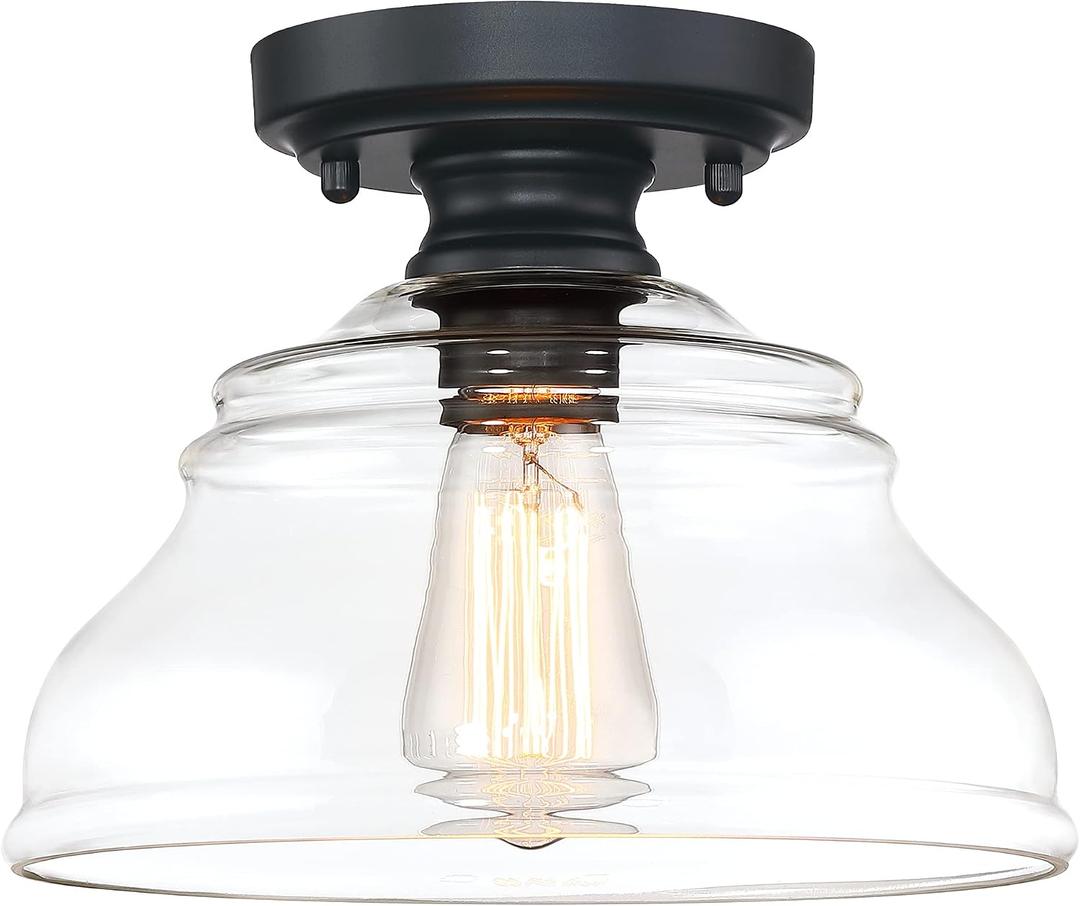 MEXO Industrial Semi Flush Mount Ceiling Light, Modern Clear Glass Light Fixture Farmhouse 10" Close to Ceiling Lights in Black Finish for Hallway Bedroom, Kitchen Entryway Cafe Bar Porch