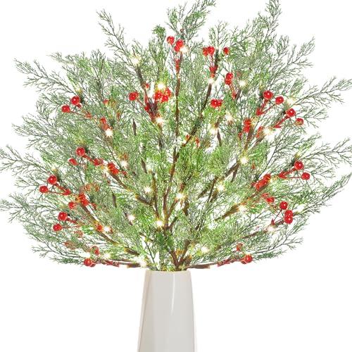  Yuefunny 31 Inch Lighted Faux Cedar Branches Christmas Norfolk Pine Branches Artificial Cedar Picks and Sprays LED Light Greenery Stems for Winter Christmas Vase Decor (Typical Style,8 Pcs): Home & Kitchen