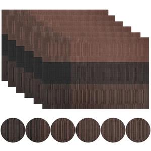 Place Mat Woven Vinyl Placemats Set Place Mats Crossweave Non-Slip Washable Table Mats for Dining Table Kitchen Reataurant Decor Coasters for Kitchen Dining Table(6Set Brown Black) (30x45 cm)