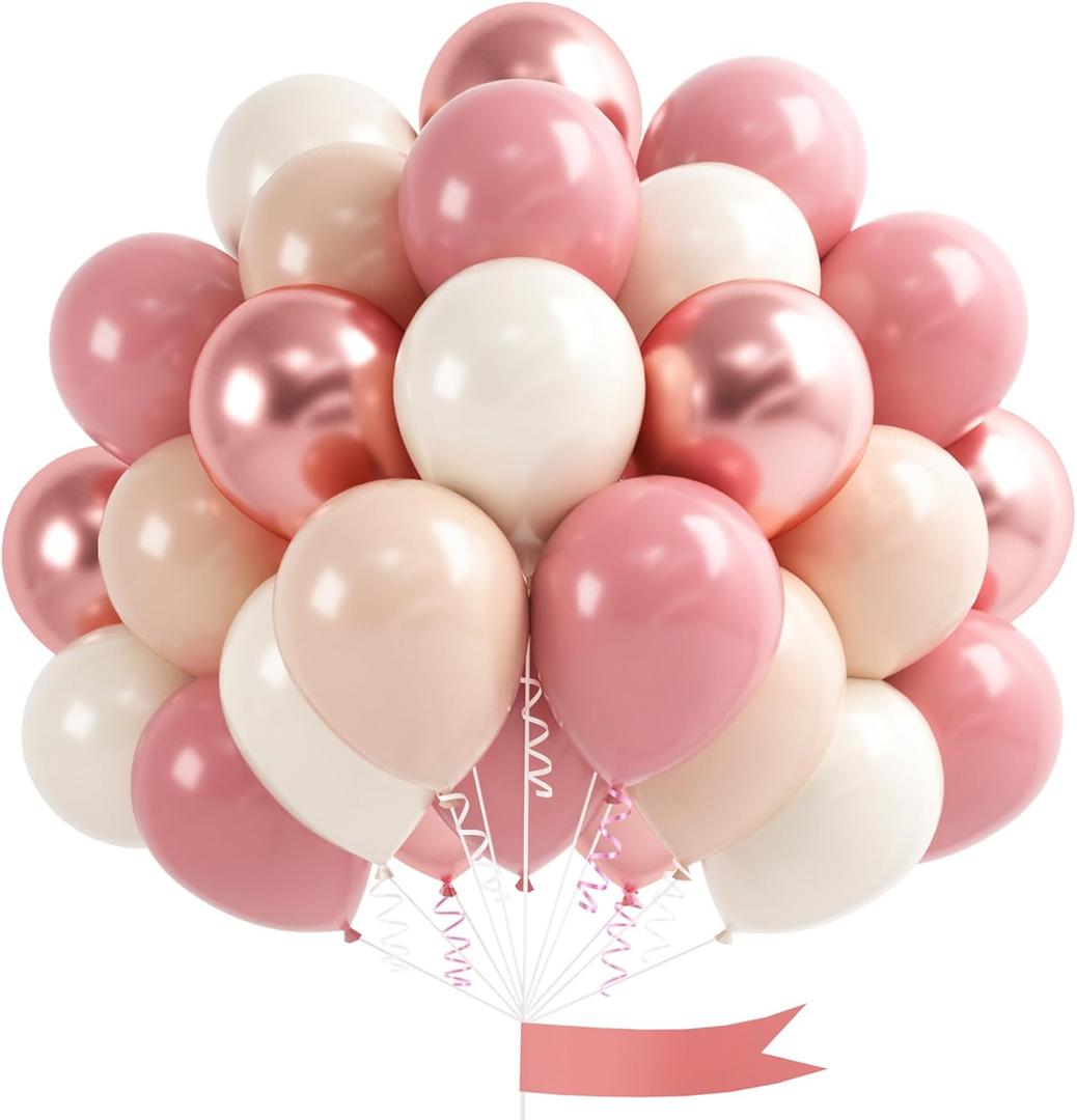 Blush Pink Balloons, 60 Pcs 12 Inches Dusty Pink Double Stuffed Nude Beige Balloon, Retro and Rose Gold Boho Balloons Set for Girls Bridal Birthday Baby Shower Weddings Party Decoration