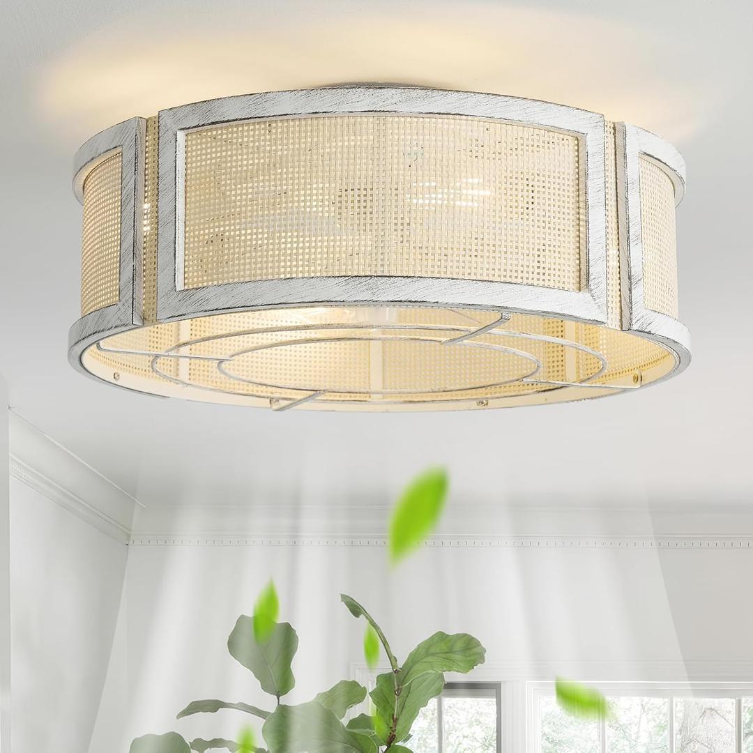 20" Rattan Boho Ceiling Fan with Light, Flush Mount Ceiling Fan with Light Remote Control, Caged Enclosed with 6 Speeds for Bedroom, Living Room, Foyer, Nursery