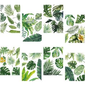 CRASPIRE 8 Sheets Green Leaf Window Stickers Tropical Leaves PVC Waterproof Self Adhesive Summer Wall Decals Natural Palm Plant Rectangle Removable for Stairway Home Decoration TV Wall Art