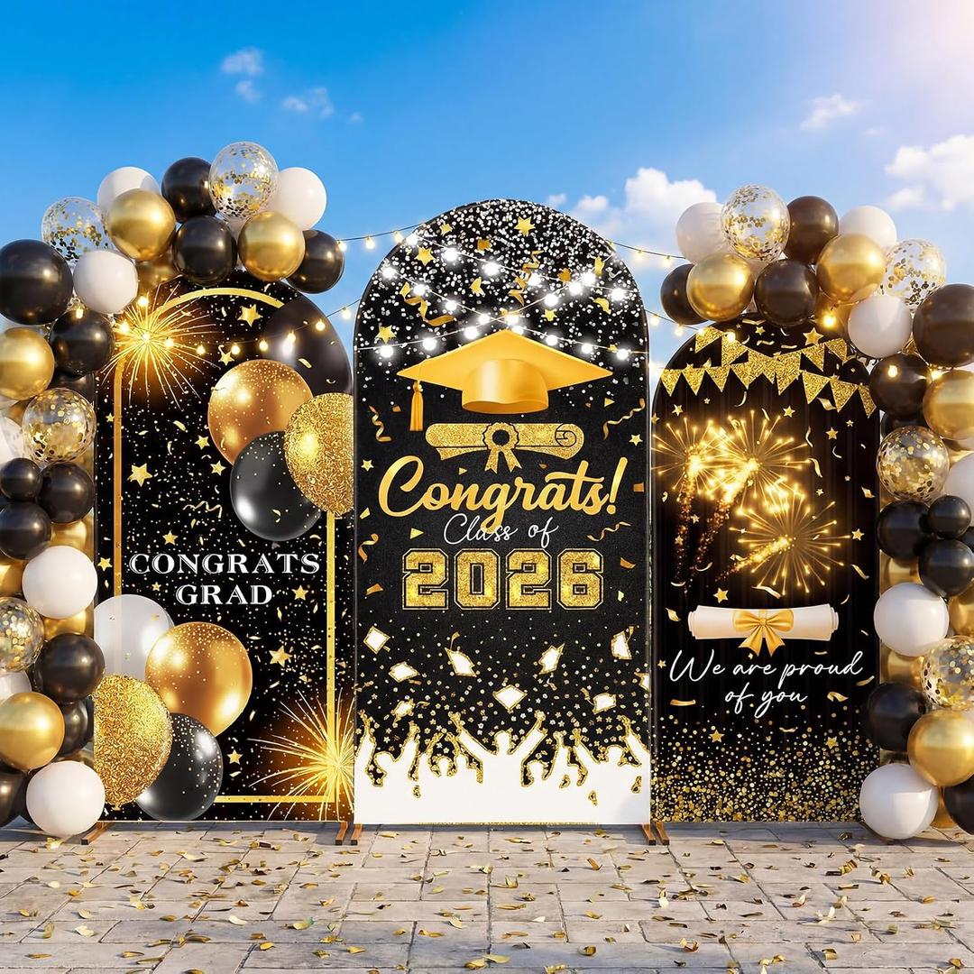 WovWeave Graduation Arch Backdrop Stand Cover Set of 3-4ft 5ft 6ft Grad Arch Cover Photo Booth Backdrop Decorations for Graduation Party Decor Supplies (Black Gold,Congrats)