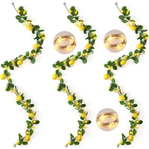 3 Pcs 5.74 ft Artificial Lemon Garland Lemon Vine Garland with Greenery Fake Fruit Party Decoration with Battery Powered Light for Home Door Wall Mantel Wedding Kitchen Table (Stylish Style)