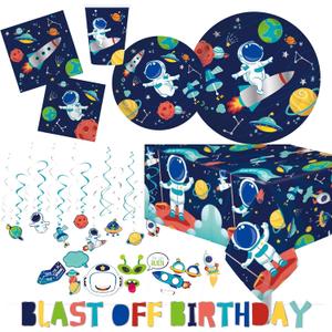 Serves 30 Complete Party Pack Outer Space Party Theme 9" Dinner Plates 7" Plates 30 Cups 2 Table Cover 30 Napkins 30 Beverage Napkins Blast off Birthday Banner 14 Swirls 12 Photo Props Space Birthday