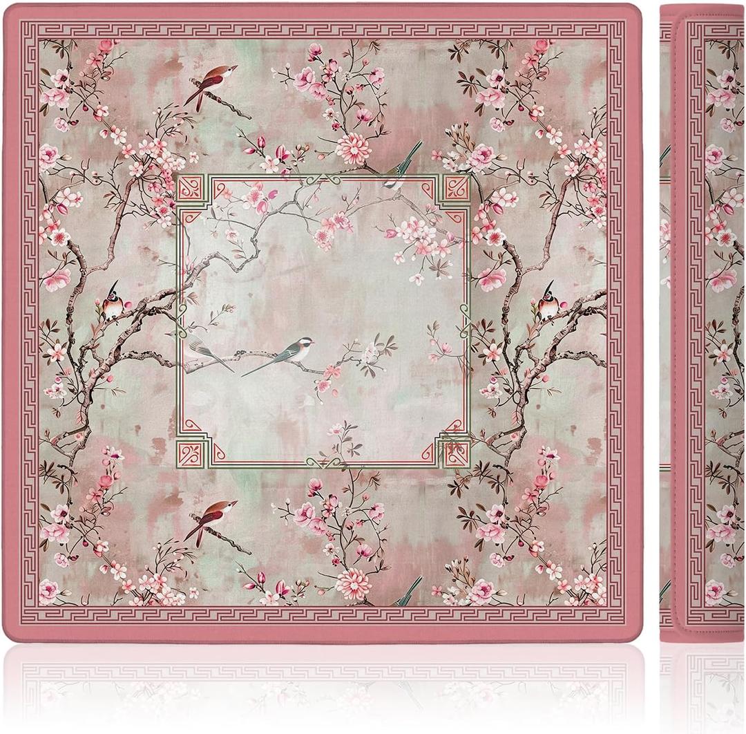 Vintage Chinoiserie Cherry Blossom Mahjong Mat 31.5 x 31.5 in, Pink Cottagecore Botanical Floral Bird Anti Slip