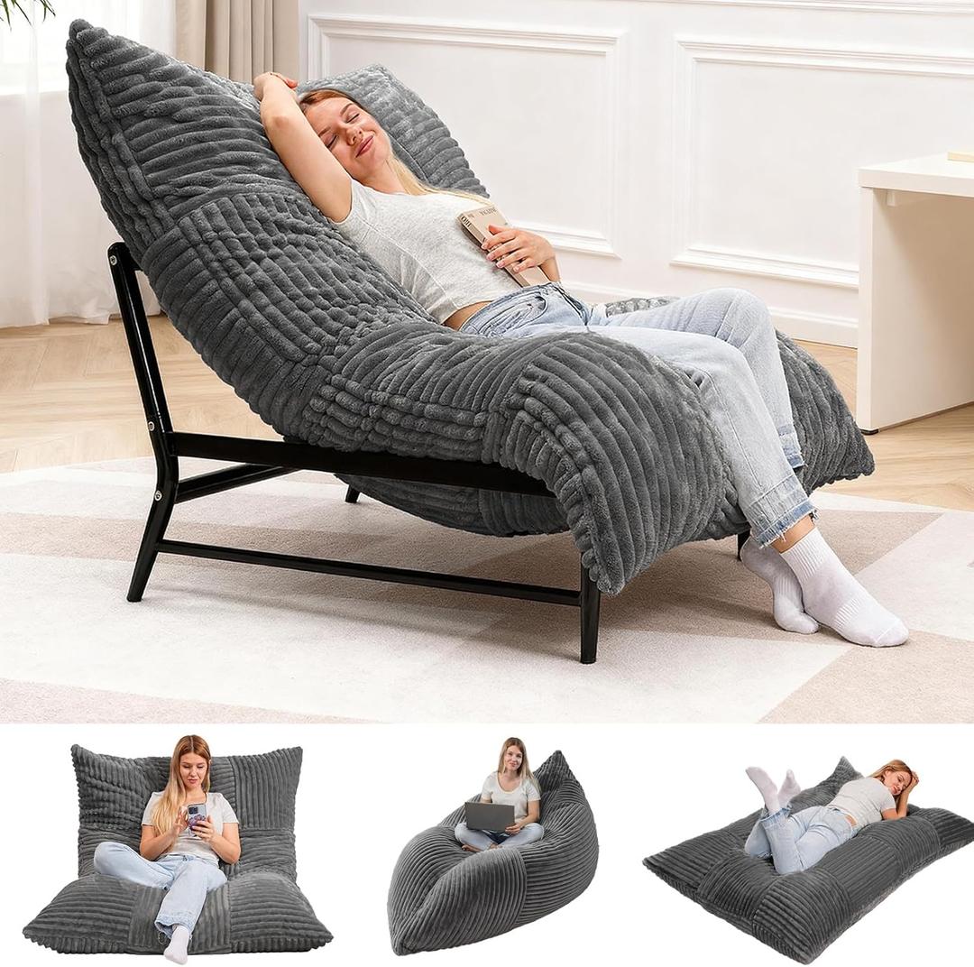Modern Accent Chair, Giant Bean Bag Lounge Chairs with Sturdy Metal Frame & Washable Cover, Comfy Upholstered Chair for Reading Room, Bedroom, Grey